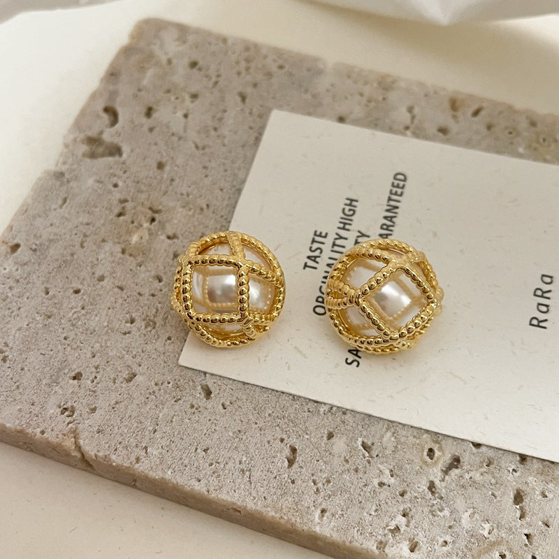 Metal Open Braided Pearl Stud Earrings