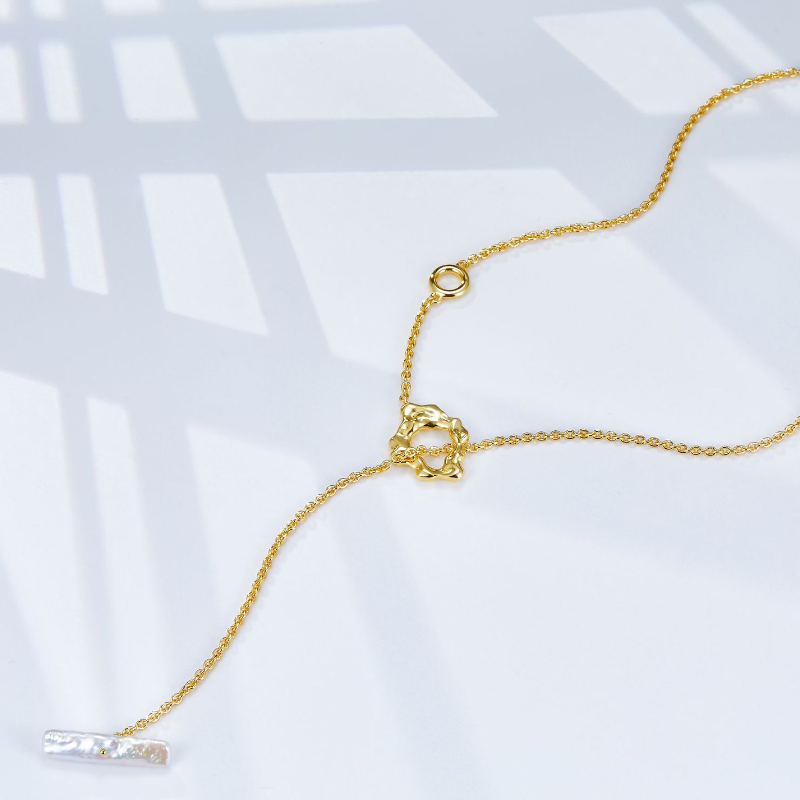 S925 Sterling Silver Natural Baroque Silver Bar Pearl OT Necklace