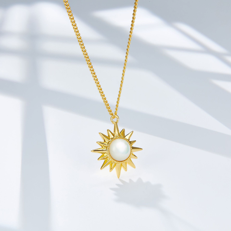 Natural White Shell Necklace Sun Ray Design S925 Sterling Silver Necklace