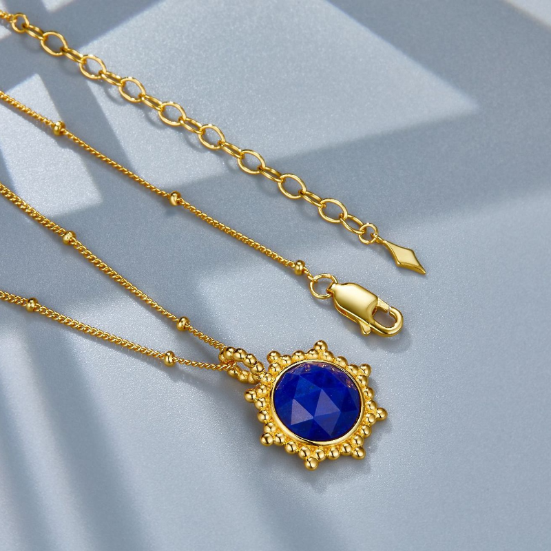 S925 Sterling Silver Ring Bead Wrapped Faceted Natural Lapis Lazuli Necklace