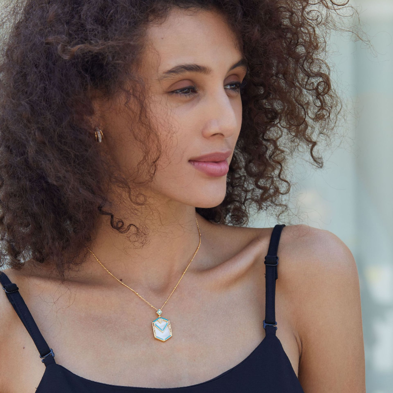 Natural White Mother-of-pearl Hexagon Enamel Craft S925 Sterling Silver Necklace