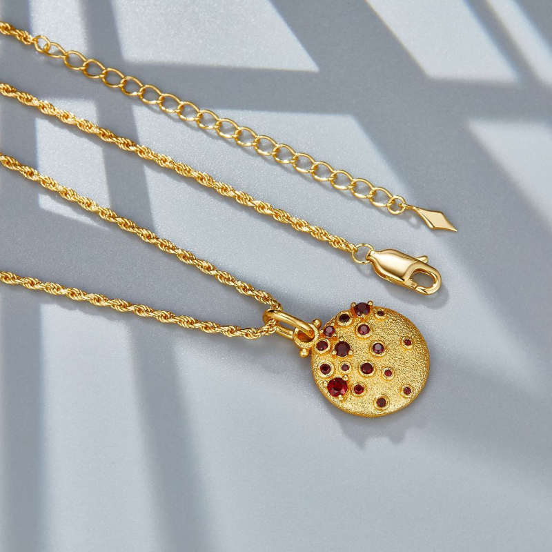 S925 Sterling Silver Natural Garnet Moon Surface Pendant