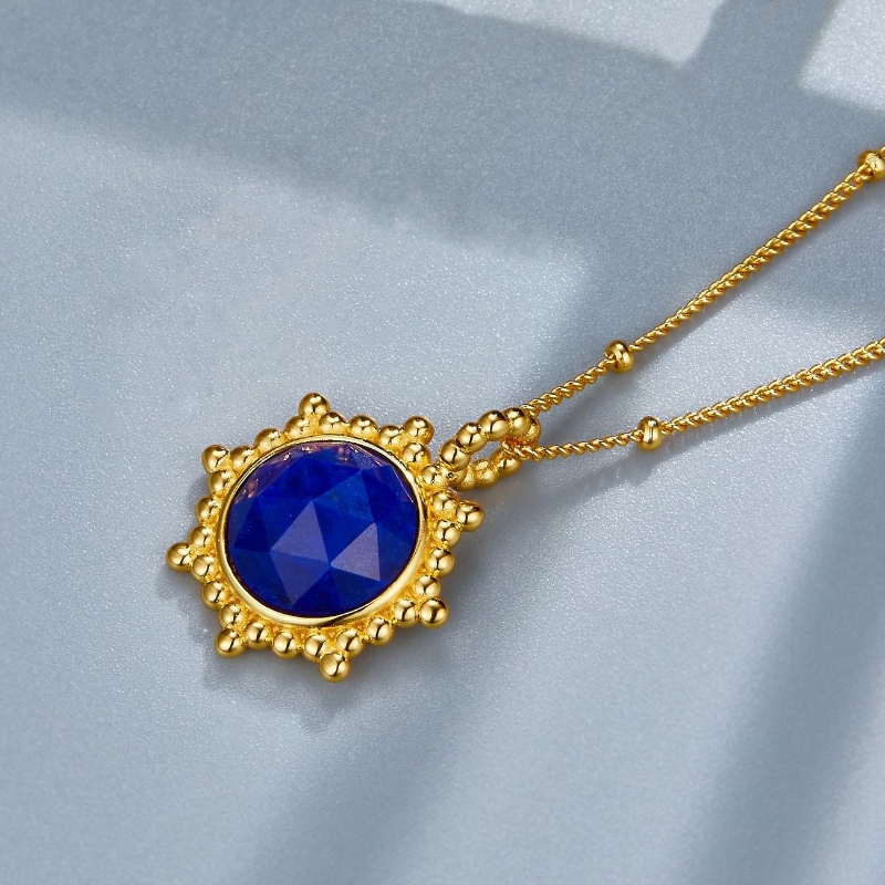 S925 Sterling Silver Ring Bead Wrapped Faceted Natural Lapis Lazuli Necklace