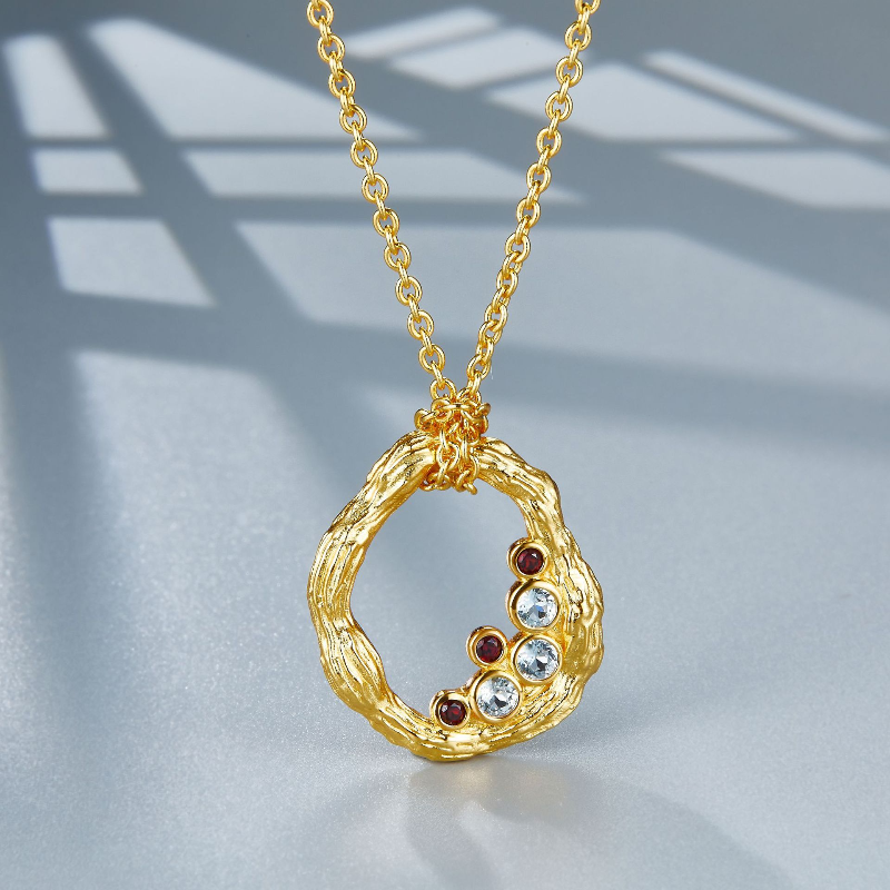 Natural Garnet & Topaz Wood Grain Reversible Wearable Pendant