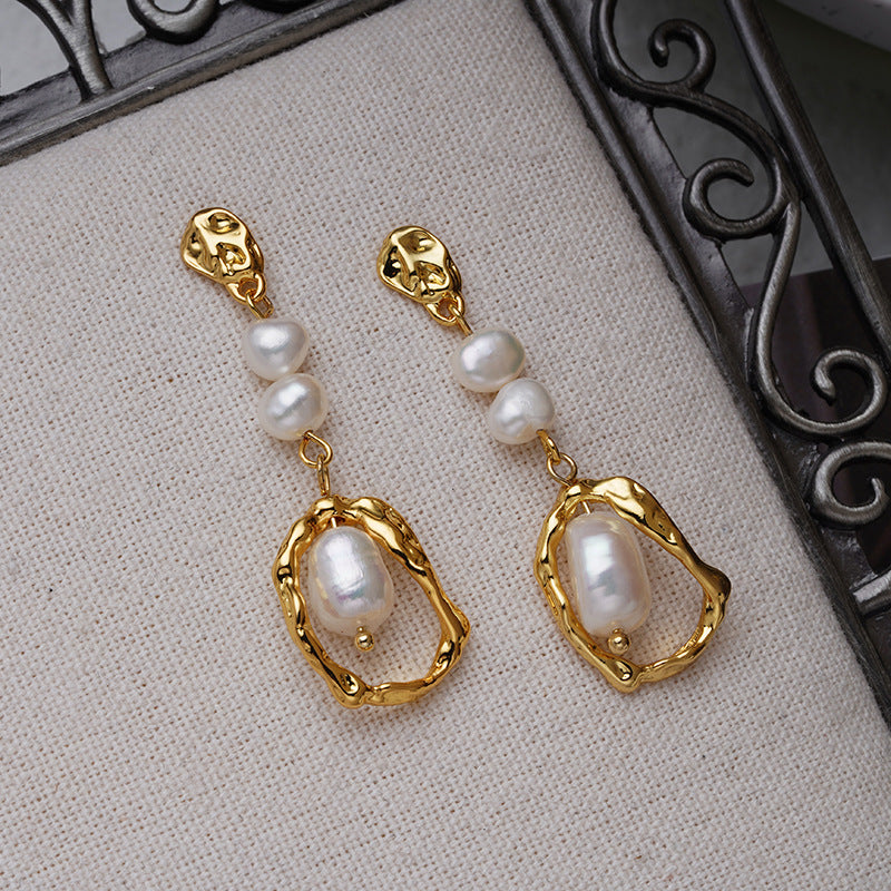 Geometric Lava Textured Freshwater Baroque Pearl Drop Earrings