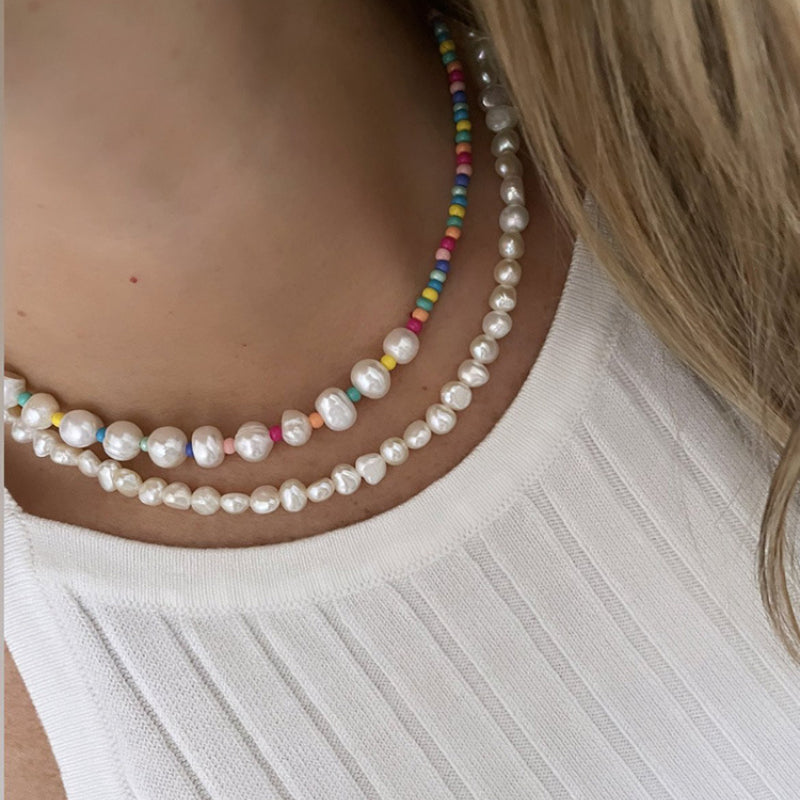 Colorful Beads Stitching Natural Freshwater Pearl Necklace