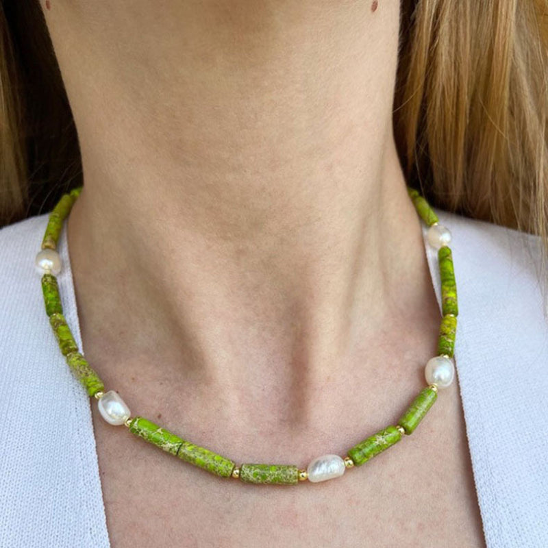 Avocado Green Freshwater Baroque Pearl Clavicle Chain