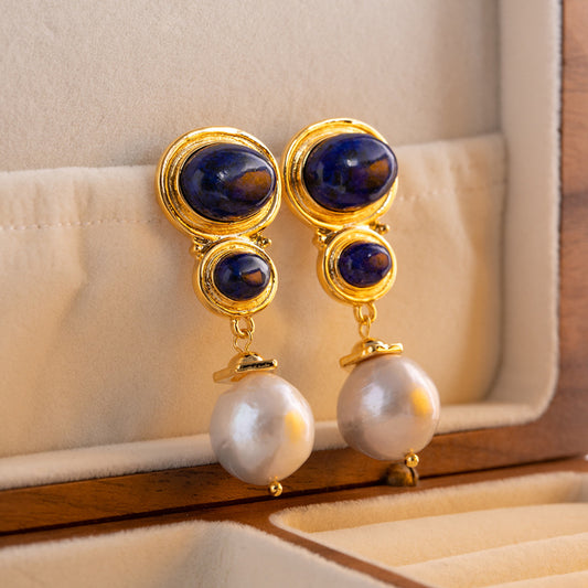 Natural Lapis Lazuli & Freshwater Baroque Pearl Earrings