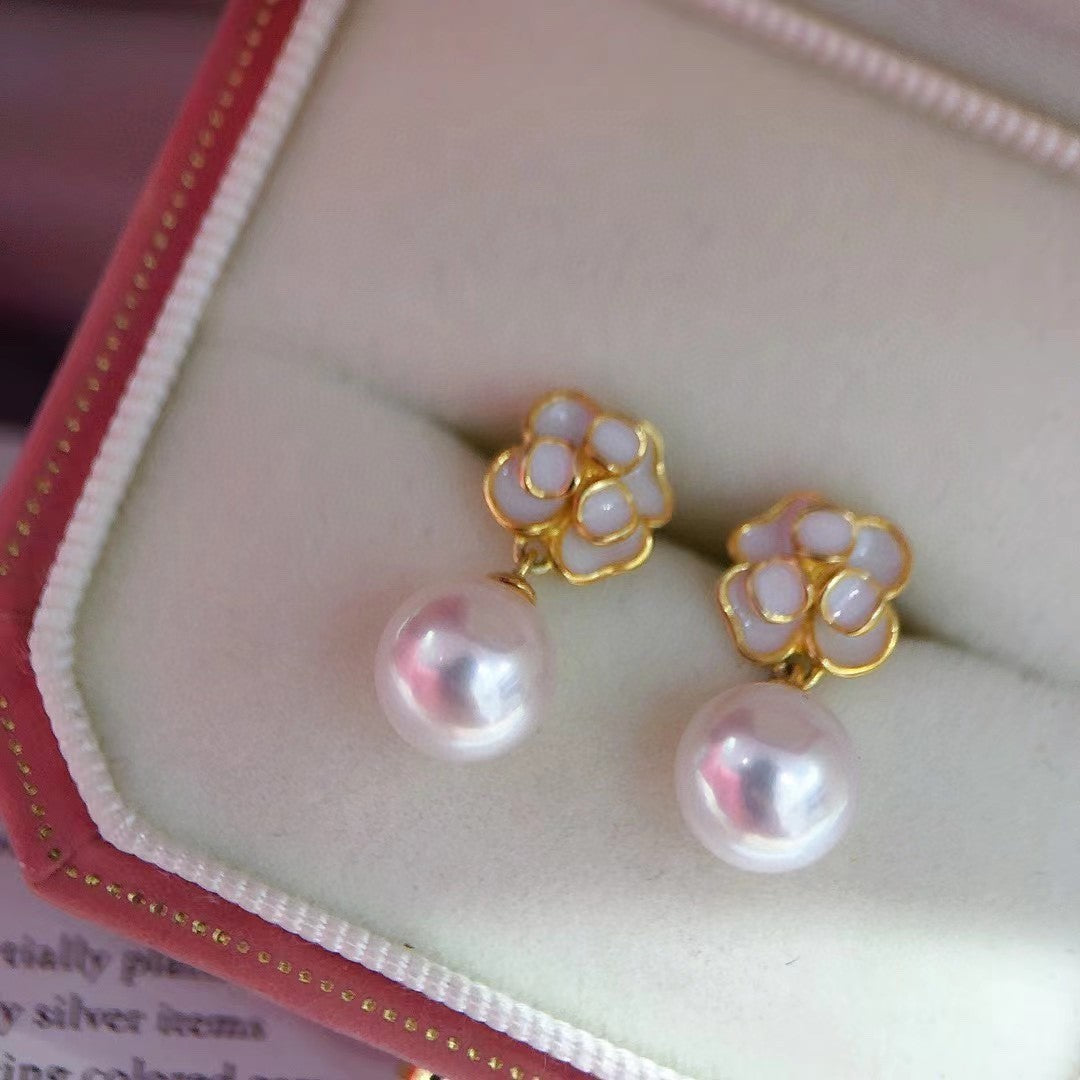 Vintage Camellia 8-9mm Freshwater Pearl Earrings