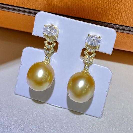 10-11mm South Sea Golden Pearl Drop Earrings With S925 Sterling Silver