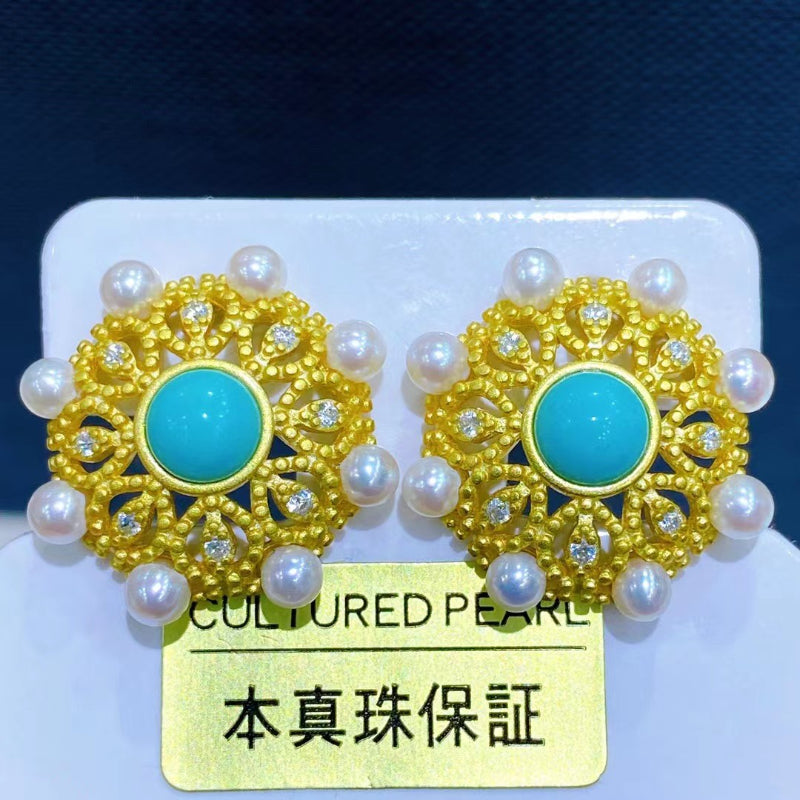 Natural Turquoise Lace Carved 2.5-3mm Pearl Stud Earrings