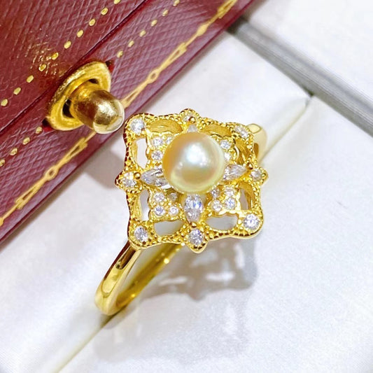 Buccellati Style 5-6mm Japanese Akoya Pearl Ring & S925 Sterling Sliver