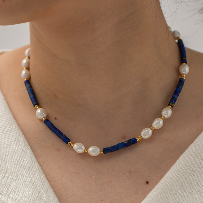 Natural Lapis & Baroque Freshwater Pearl Necklace