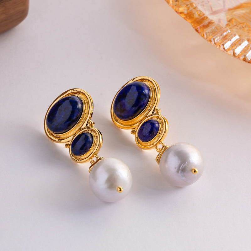 Natural Lapis Lazuli & Freshwater Baroque Pearl Earrings