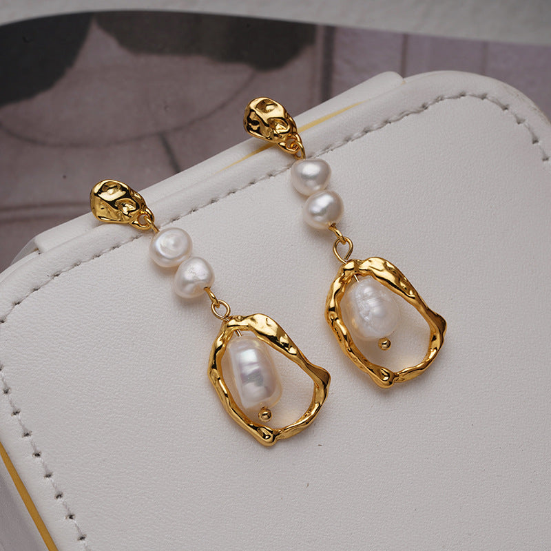 Geometric Lava Textured Freshwater Baroque Pearl Drop Earrings