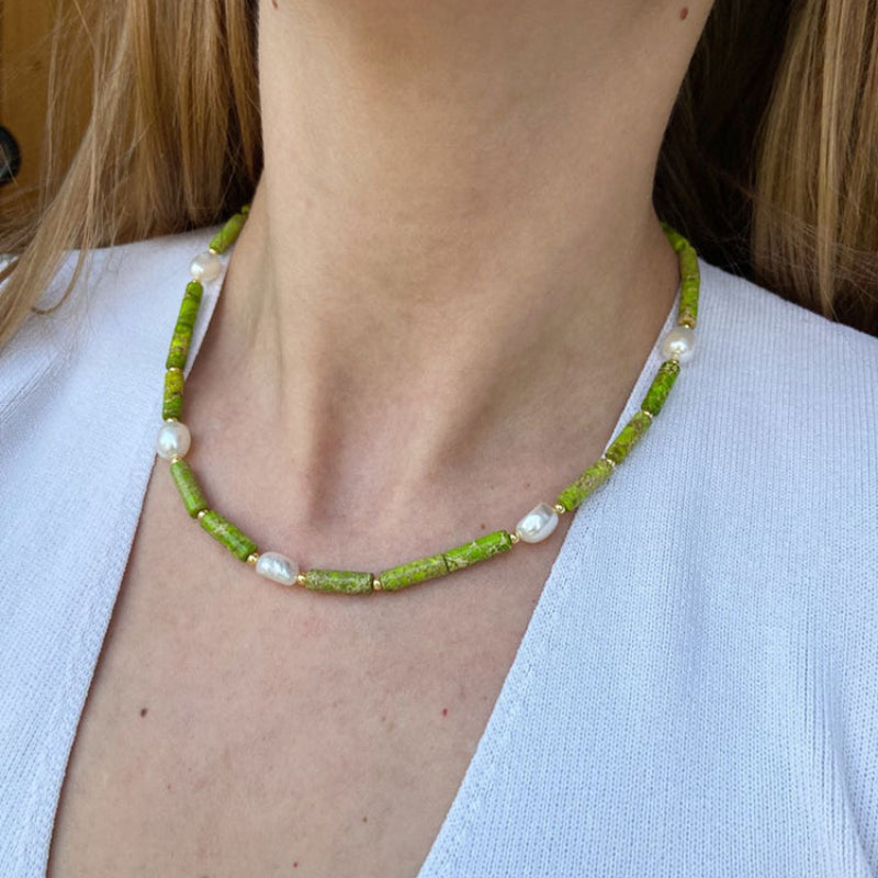 Avocado Green Freshwater Baroque Pearl Clavicle Chain