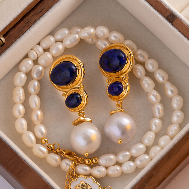 Natural Lapis Lazuli & Freshwater Baroque Pearl Earrings