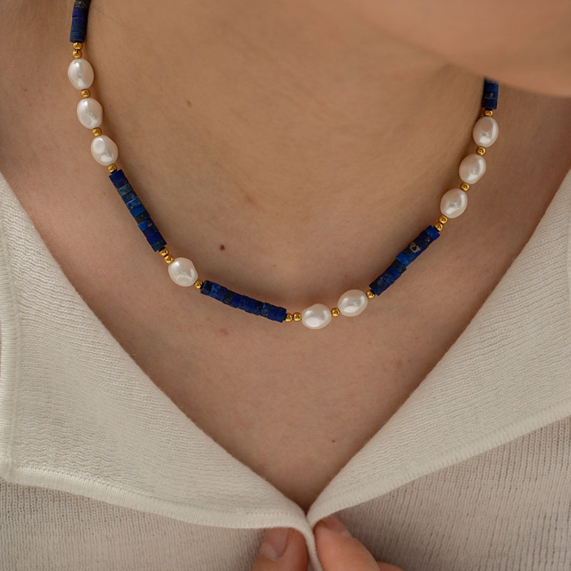 Natural Lapis & Baroque Freshwater Pearl Necklace