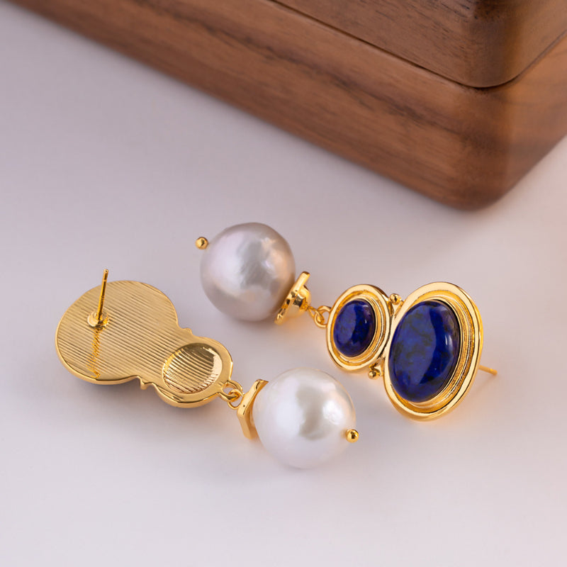 Natural Lapis Lazuli & Freshwater Baroque Pearl Earrings