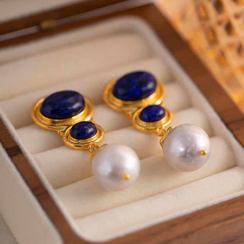 Natural Lapis Lazuli & Freshwater Baroque Pearl Earrings