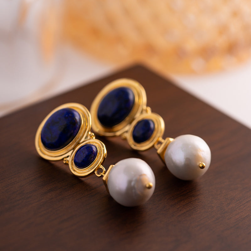 Natural Lapis Lazuli & Freshwater Baroque Pearl Earrings