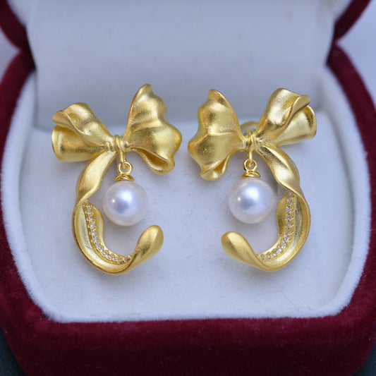 7-8mm Freshwater Pearl Butterfly Bow Earrings