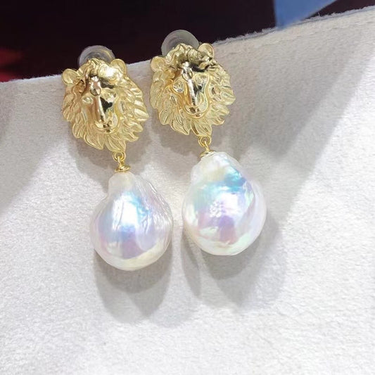 Lion Style 12-13mm Freshwater Baroque Pearl Earrings