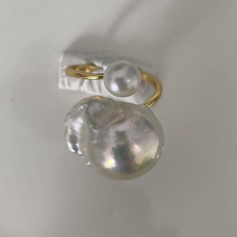 Double Beads Freshwater Baroque Pearl Ring & 925 Sterling Sliver