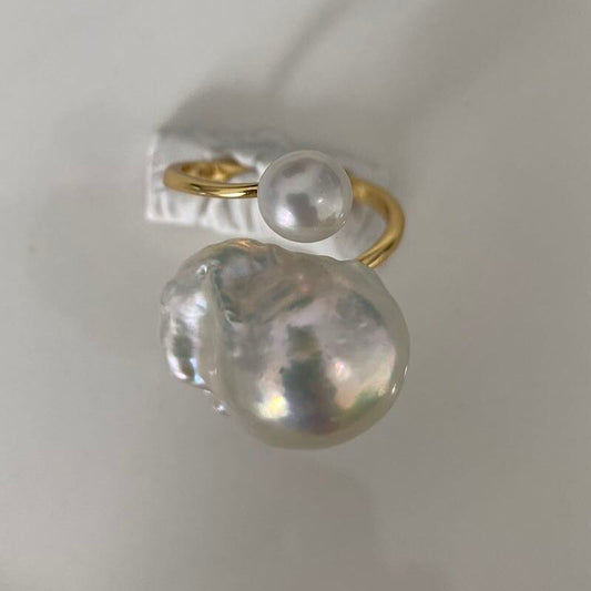 Double Beads Freshwater Baroque Pearl Ring & 925 Sterling Sliver