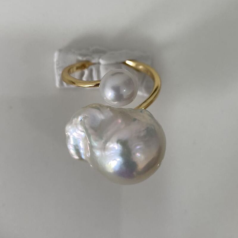 Double Beads Freshwater Baroque Pearl Ring & 925 Sterling Sliver