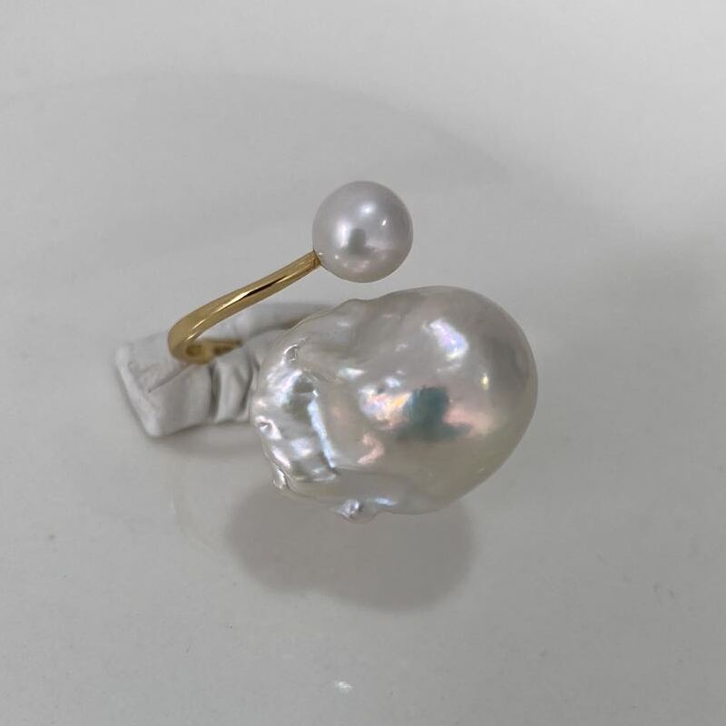 Double Beads Freshwater Baroque Pearl Ring & 925 Sterling Sliver