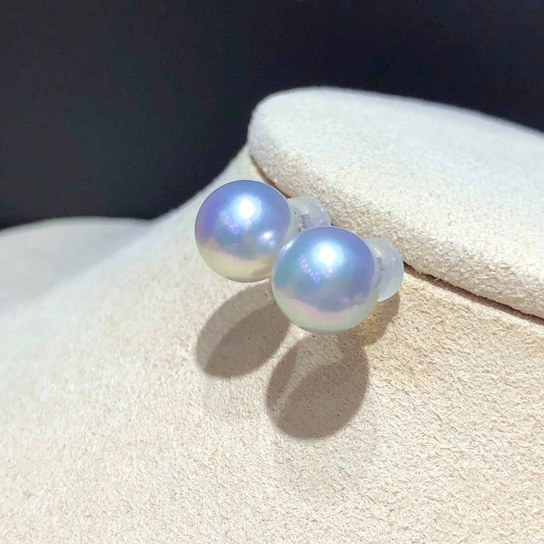 8.5-9mm Japanese Akoya Blue Pearl Stud Earrings With 18k Gold