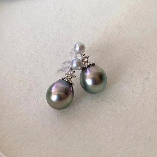 4-5mm Japanese Seawater Pearl & 9-10mm Tahitian Baroque Pearl Earrings