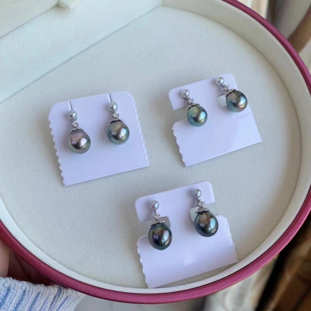 4-5mm Japanese Seawater Pearl & 9-10mm Tahitian Baroque Pearl Earrings