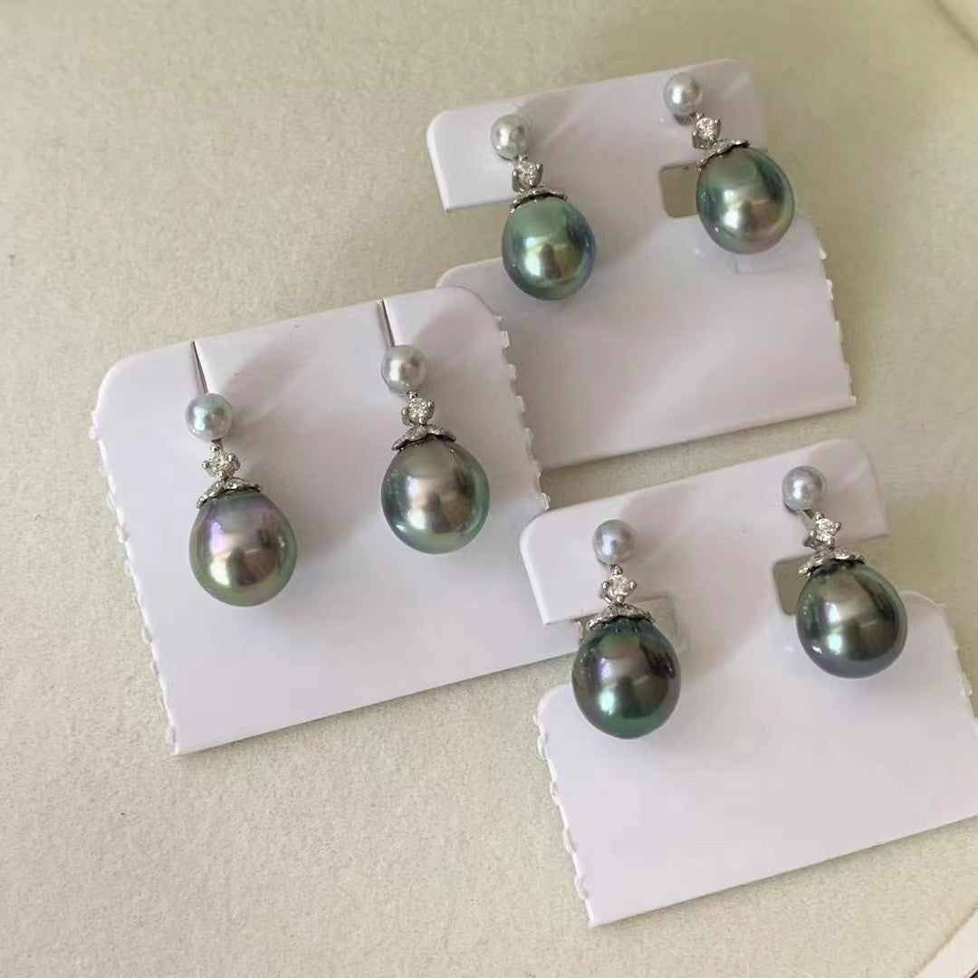 4-5mm Japanese Seawater Pearl & 9-10mm Tahitian Baroque Pearl Earrings