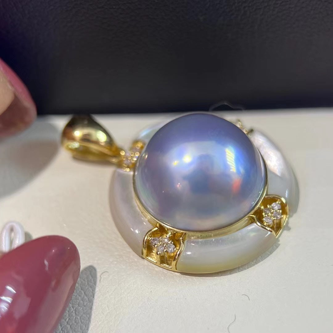 Sparkling Celestial Blue Japanese Mabe Pearl Pendant