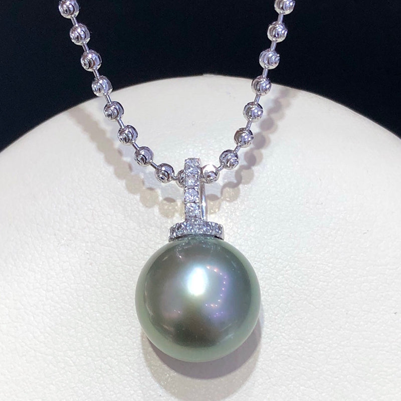 12-13mm Tahitian Seawater Black Pearl Pendant & 18k Solid White Gold