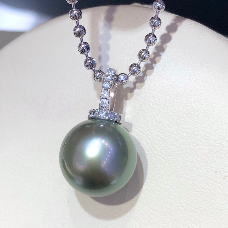 12-13mm Tahitian Seawater Black Pearl Pendant & 18k Solid White Gold