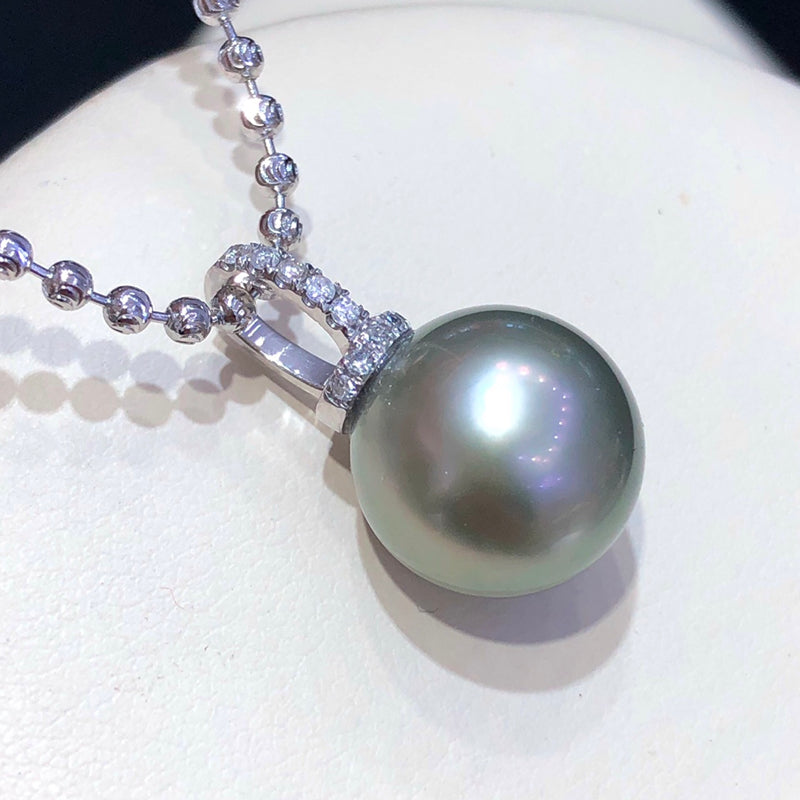 12-13mm Tahitian Seawater Black Pearl Pendant & 18k Solid White Gold