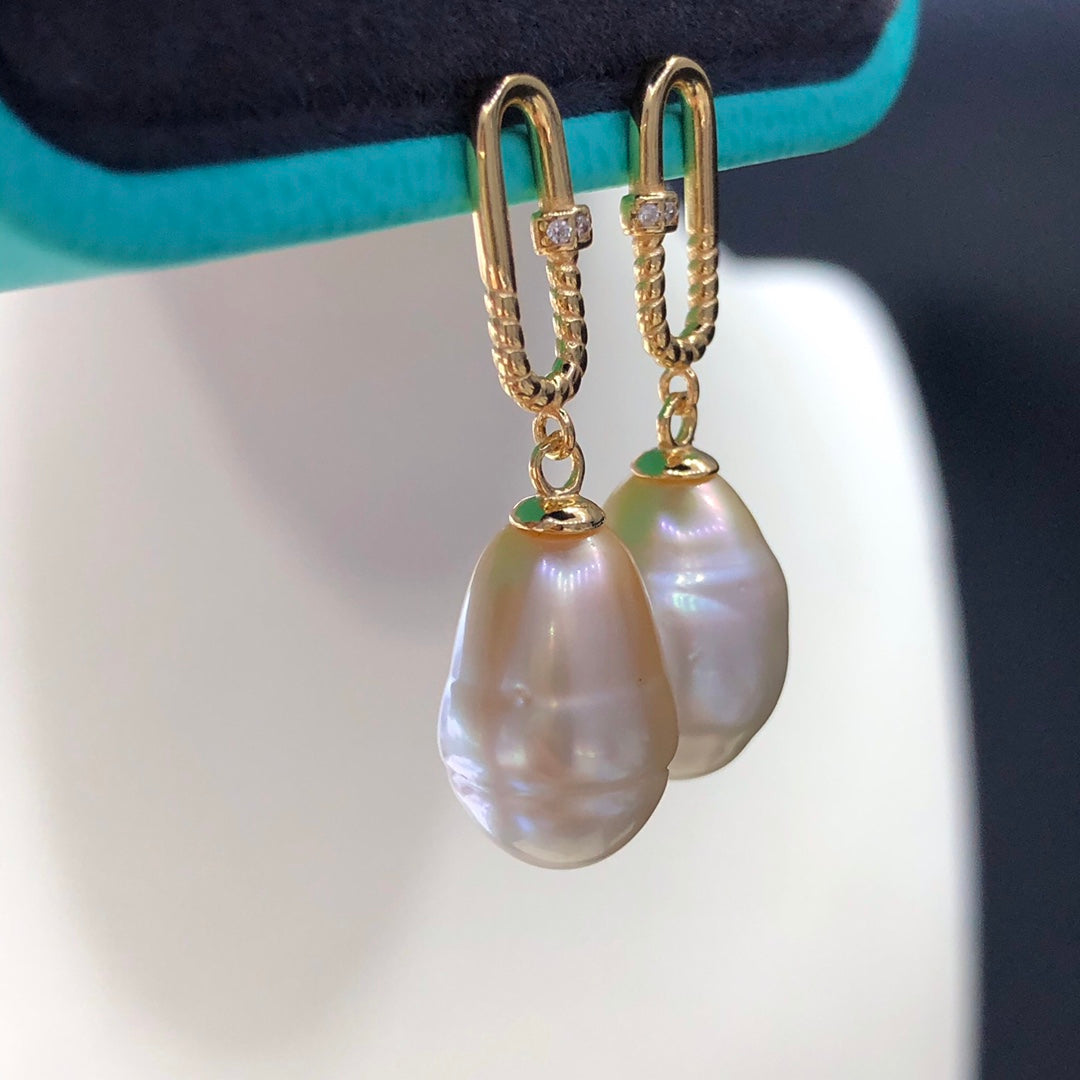 10×15mm  South Sea Gradient Gold Baroque Pearl Earrings & 925 Sterling Sliver