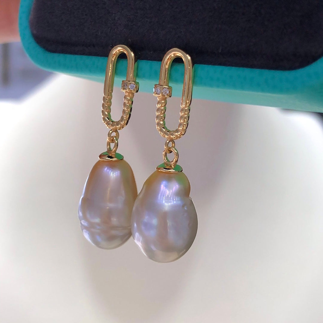 10×15mm  South Sea Gradient Gold Baroque Pearl Earrings & 925 Sterling Sliver