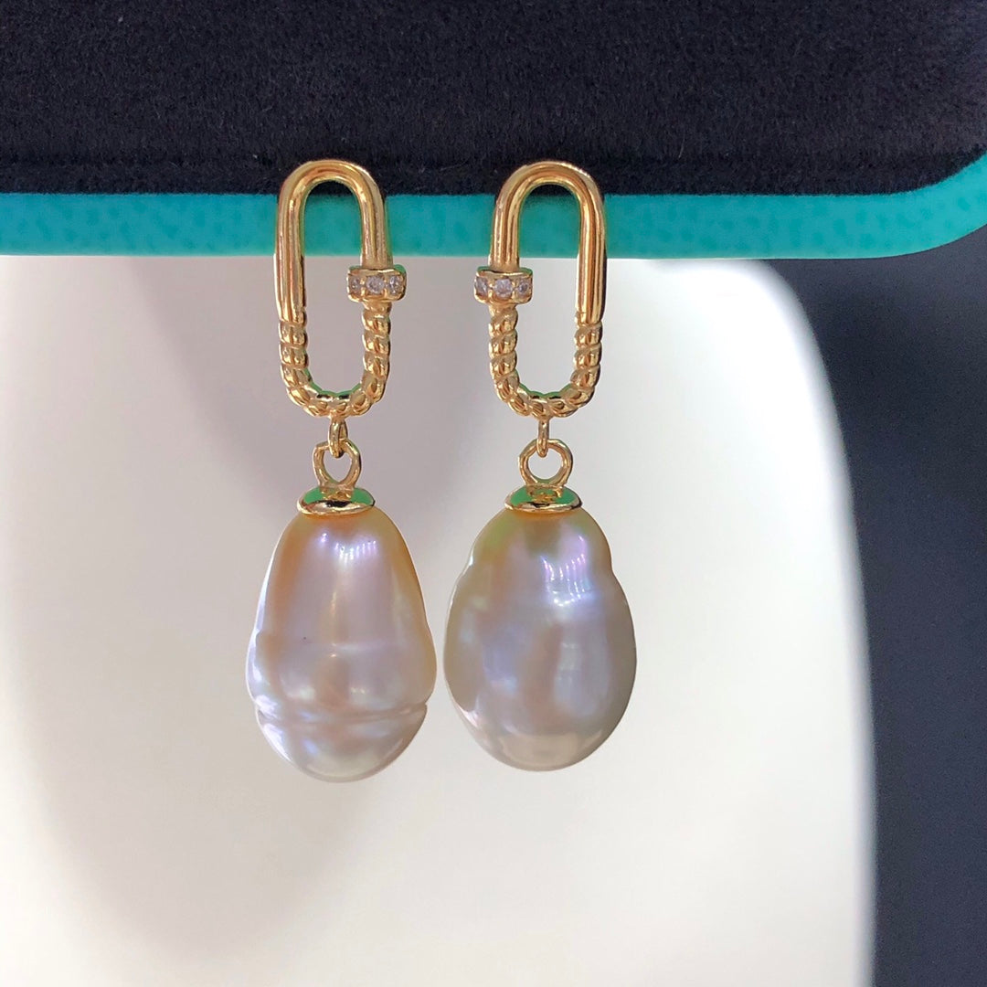 10×15mm  South Sea Gradient Gold Baroque Pearl Earrings & 925 Sterling Sliver