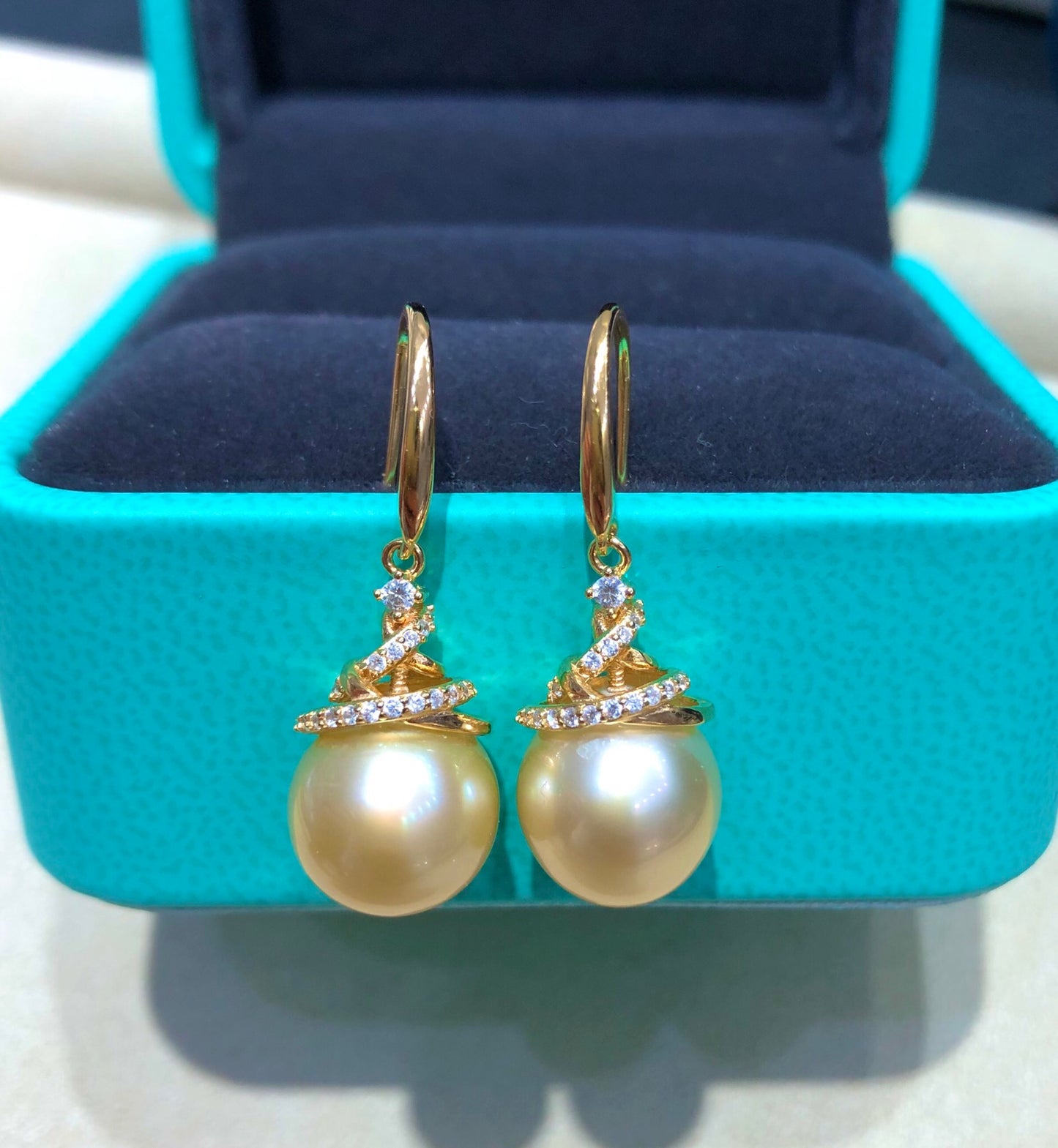 10.7mm South Sea Golden Pearl Earrings & 925 Sterling Sliver