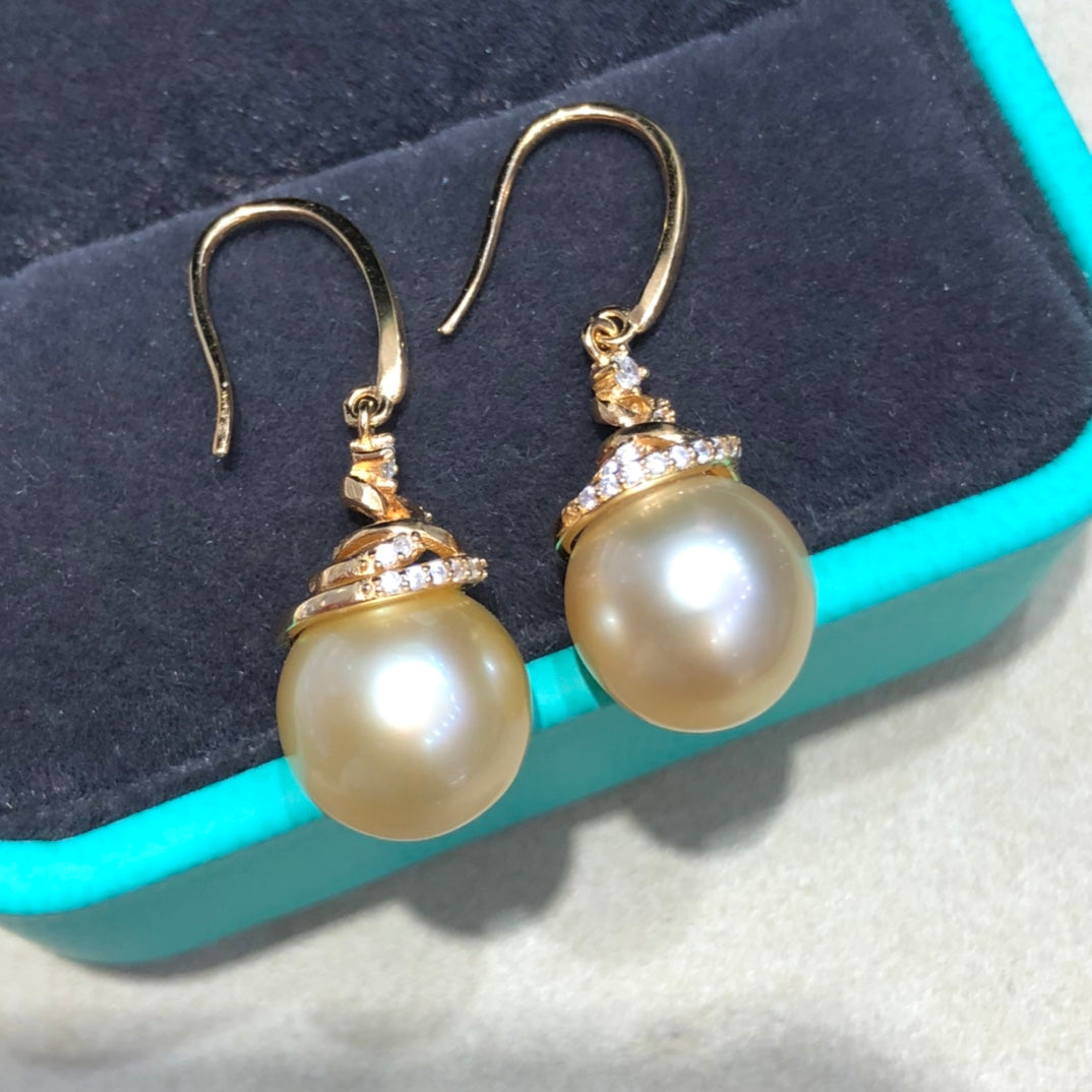 10.7mm South Sea Golden Pearl Earrings & 925 Sterling Sliver