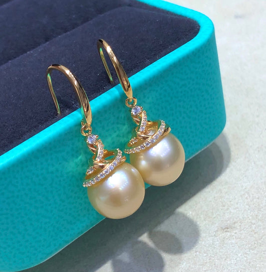 10.7mm South Sea Golden Pearl Earrings & 925 Sterling Sliver