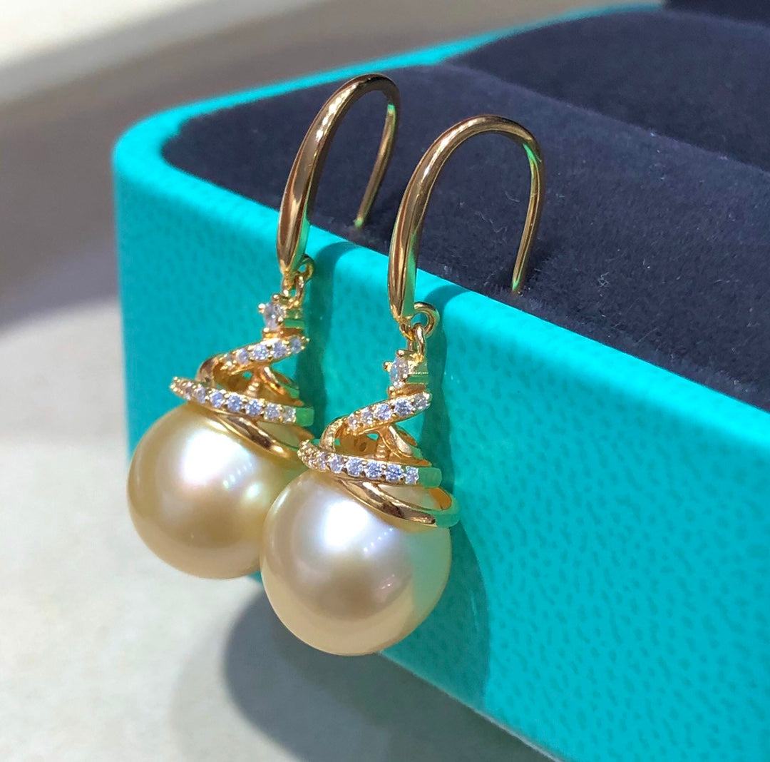 10.7mm South Sea Golden Pearl Earrings & 925 Sterling Sliver