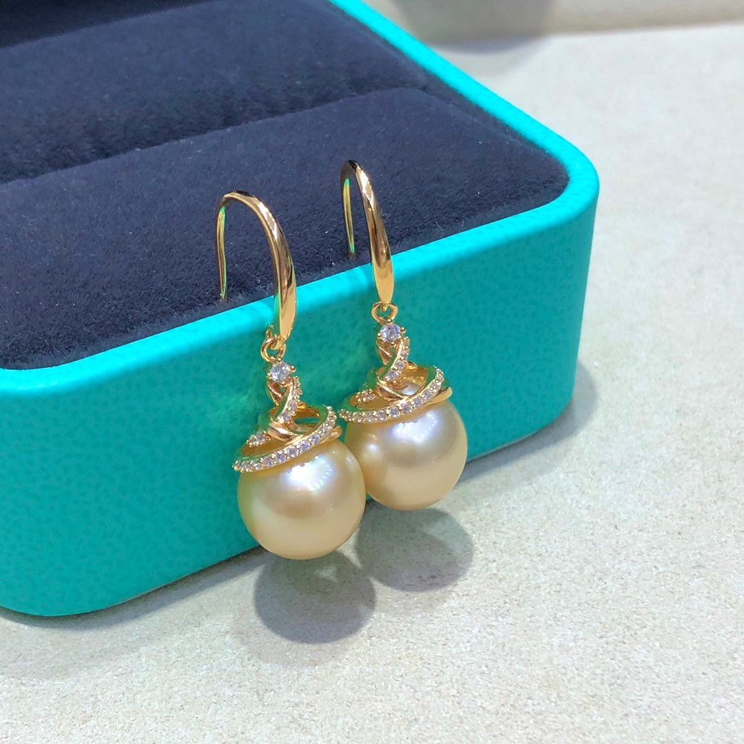 10.7mm South Sea Golden Pearl Earrings & 925 Sterling Sliver