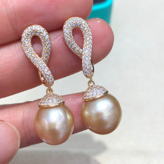 11mm  South Sea Gold Pearl Earrings & 925 Sterling Sliver