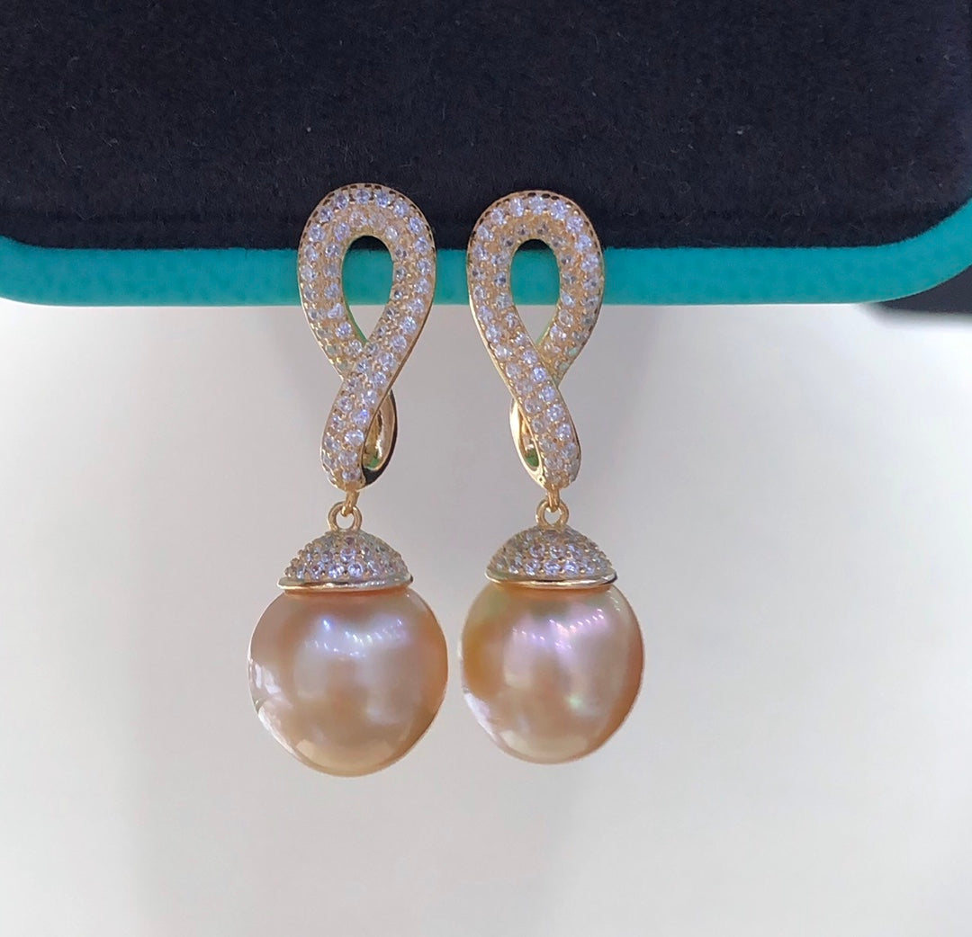 11mm  South Sea Gold Pearl Earrings & 925 Sterling Sliver