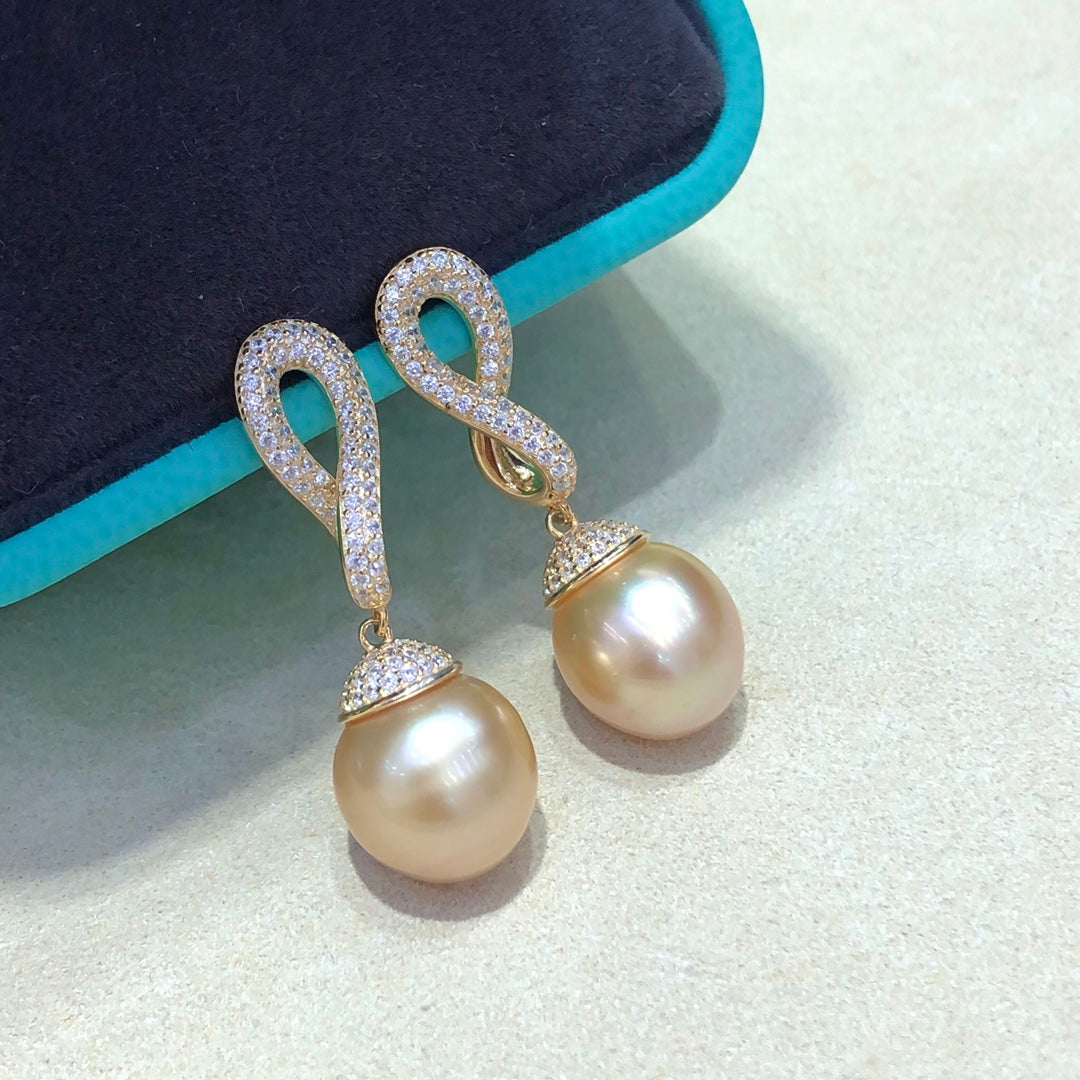 11mm  South Sea Gold Pearl Earrings & 925 Sterling Sliver